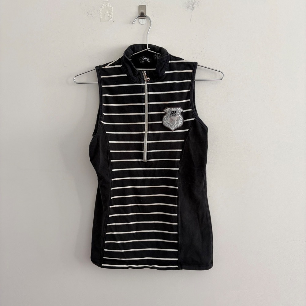 Goode Rider Black White Striped Sleeveless Quarter Zip Equestrian Top Medium